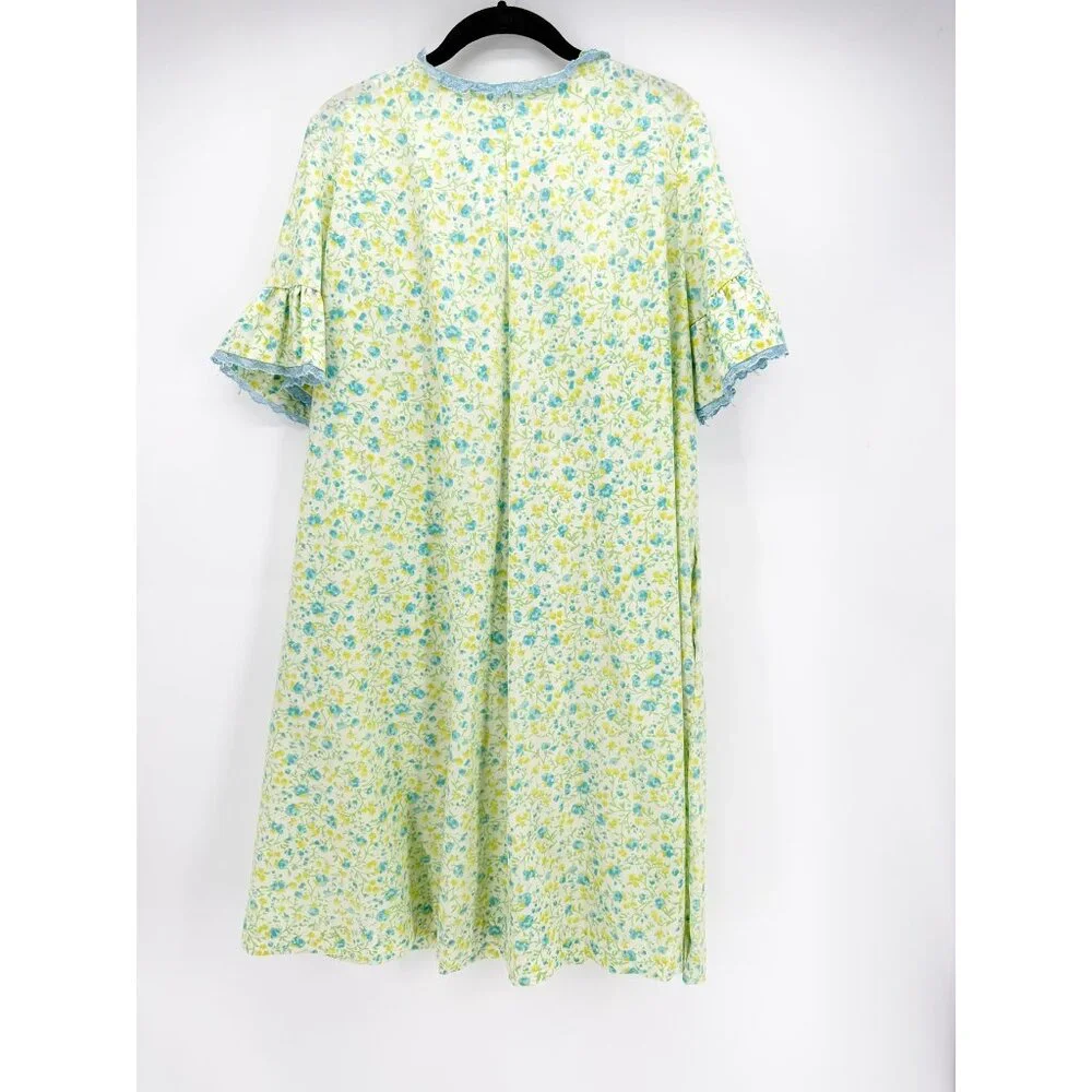 LOUNGEES Pettirobe Vtg Green Blue Floral Pockets MuMu House Dress Loungewear M - Picture 10 of 14